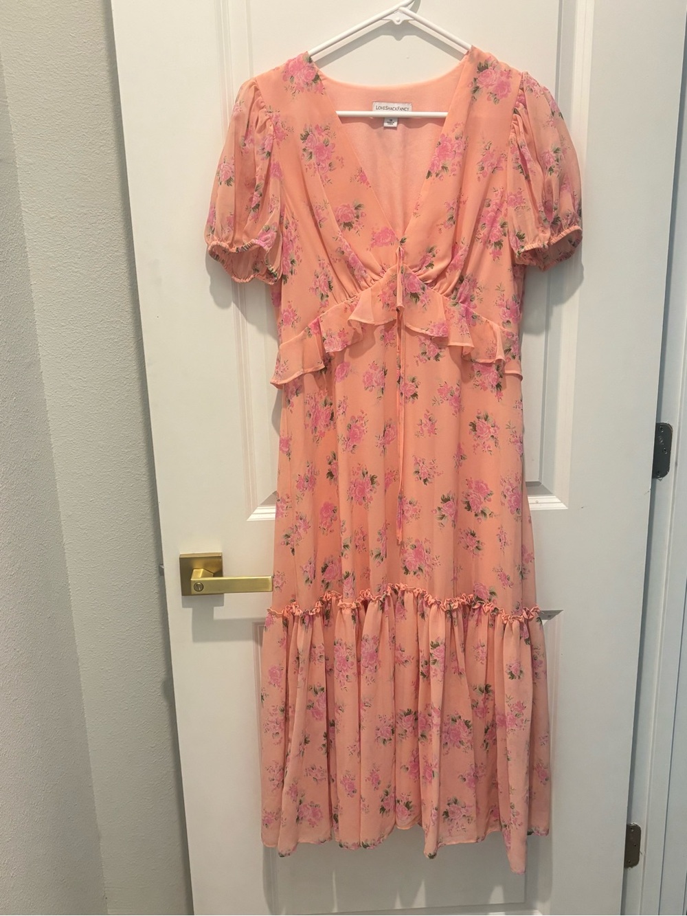 LoveShackFancy Peach Floral Midi Dress
